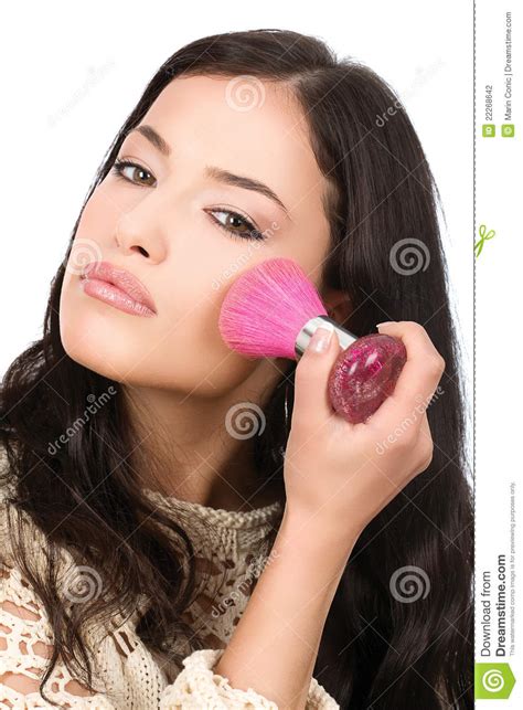 Young Pretty Girl Makeup With Powder Brush Stock Photo