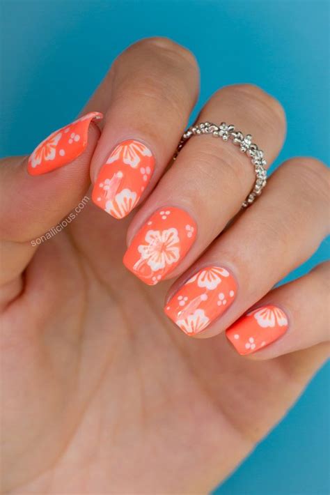 These ones are by essence, but you can do this design using any white floral. Hawaiian Flower Nail Art Tutorial | Hawaiian flower nails ...