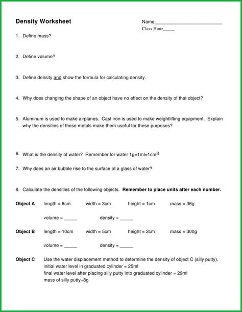 Density 6th Grade Worksheet
