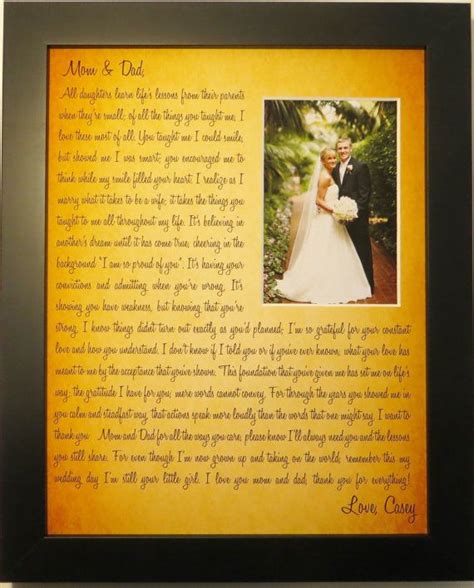 If the groom's parents don't live in the same hometown, parent's of the bride should also see if they would like the announcement to appear in their the bride's parents should be the last two to leave the reception to oversee the closing of the party and make sure the wedding gifts are taken to the. Parents Wedding Gift Personalized From Bride: Custom Photo ...