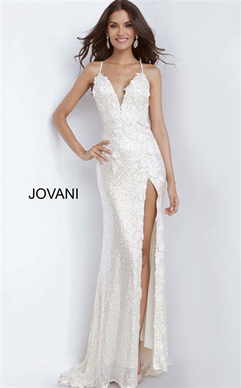 Jovani Dress 1012 Cream Floral Plunging Prom Dress