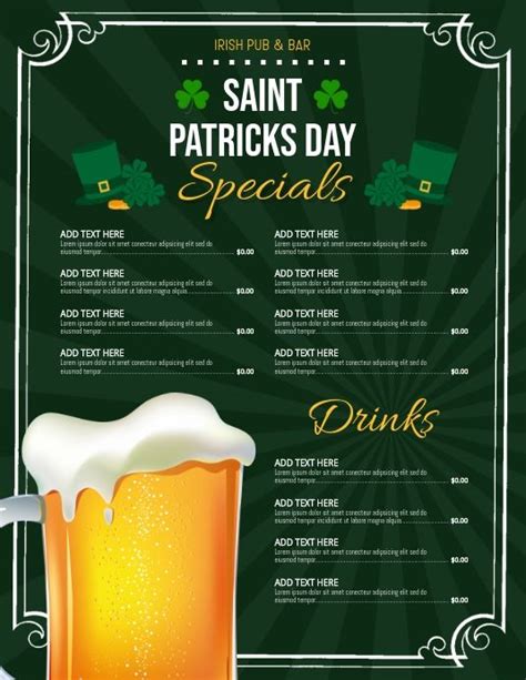 Saint Patricks Day Menu Templates St Patricks Day Bar Menu Flyers St
