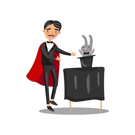 Premium Vector Male Magician In Black Suit And Red Cape Performing