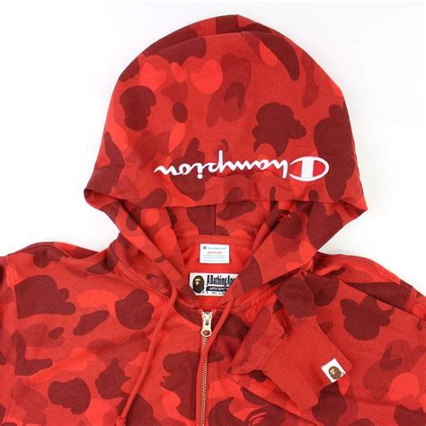 Bape X Champion Red Camo Full Zip Hoodie Sarugeneral