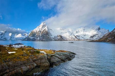 Norwegian Fjord And Mountains In Winter Lofoten Islands Norway Stock