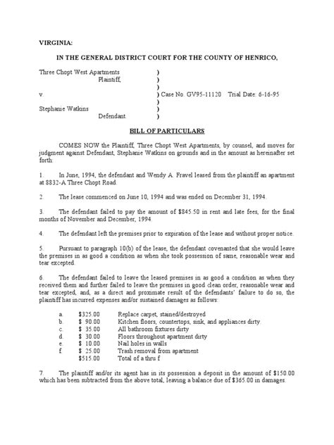 Bill Of Particulars Lease Apartment