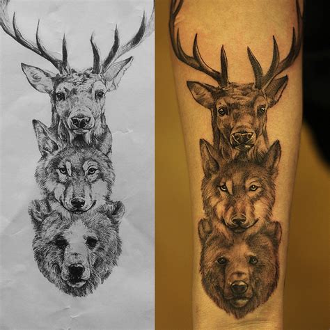 Deer Wolf Bear Fineline Forearm By Christo At Station Tattoo Leeds