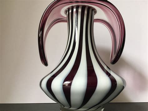 Vintage Murano Art Glass Vase Deep Purple White Striped Blown Etsy