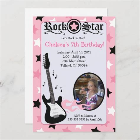 Pink Rock Star Guitar Photo Birthday 5x7 Invitation