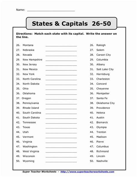 List Of States And Capitals Worksheets