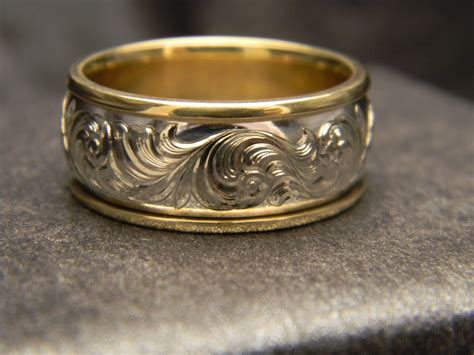 10mm 14k White Gold Engraved Ring With 14k Yellow Gold Edges Custom