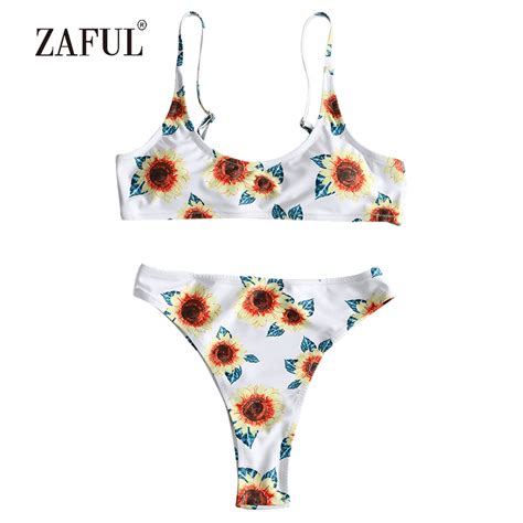 Zaful Sunflower Bikini Knot Swimwear Women High Waist Swimsuit Sexy Spaghetti Straps Padded