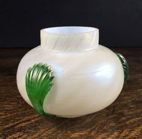 Loetz Style Art Nouveau Glass Vase With Three Green Leaves C 1900 Moorabool Antiques Galleries