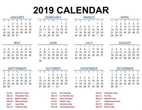 Scroll down to view the national list or choose your state's calendar. 2019 Printable Calendar Templates - PDF Excel Word - Free ...