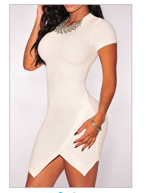 2016 Tight White Mini Dress Sexy Club Wear Textured Uneven Asymmetrical
