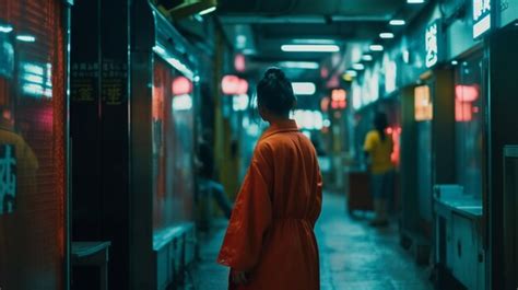 Premium Photo A Woman In A Red Coat Walks Down A Dark Alley With A