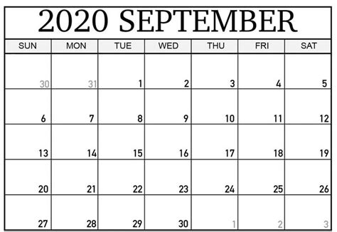 September 2020 Printable Calendar Template Calendar Printables