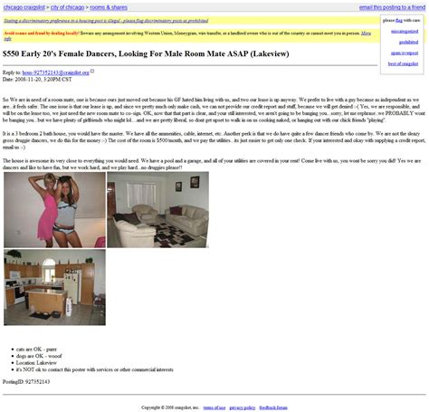 Craiglist Chicago Ad “550 Early 20s Female Dancers Looking For Male Room Mate Asap
