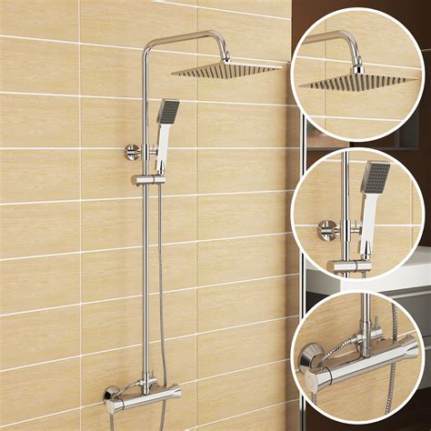 Bathroom Square Exposed Thermostatic Shower Mixer Set Twin Head Chrome