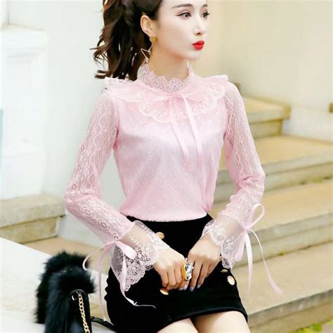 new spring autumn women lace blouse sweet tie bow lace shirt female ruffles long sleeve mesh