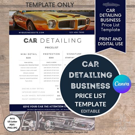 Car Detailing Price List Template Business Editable Pricing - Etsy