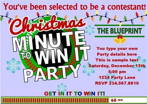 In case you missed some of the games, here's the entire list Christmas Minute to Win It party invitation. This printable invitation is editable so all y ...