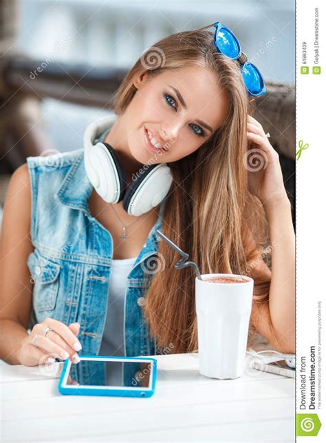 Young Beautiful Woman At A Table In Summer Cafe Stock Image Image Of