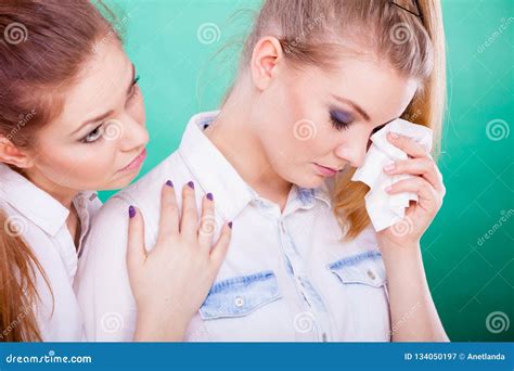 Sad Woman Crying And Being Consoled By Friend Stock Image Image Of