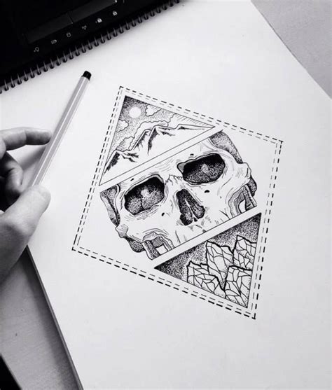 Geometric Skull And Mountains Design Skull Tattoos Sketch Book