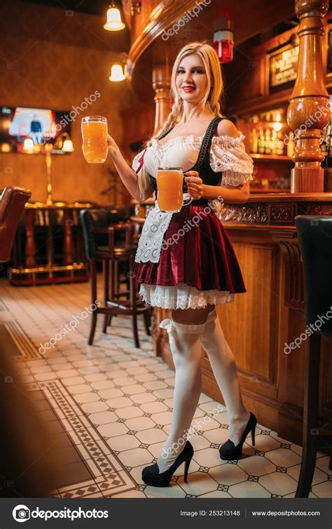 Sexy Waitress Retro Uniform Holds Two Mugs Fresh Beer Pub Stock Photo