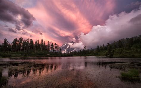 Purple Sky Mountains Clouds Forest Lake Sunset Wallpaper Nature