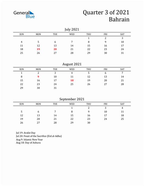 Q3 2021 Quarterly Calendar With Bahrain Holidays Pdf Excel Word