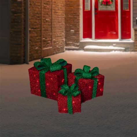 Northlight Set Of 3 Lighted Red Sisal Christmas T Boxes With Green
