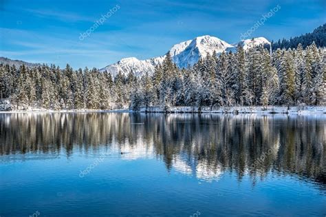 Scenic Winter Landscape In Bavarian Alps At Mountain Lake Hintersee
