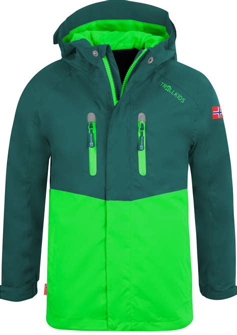 Trollkids Rain Jacket Zip In Kids Nusfjord Dark Greenbright Green