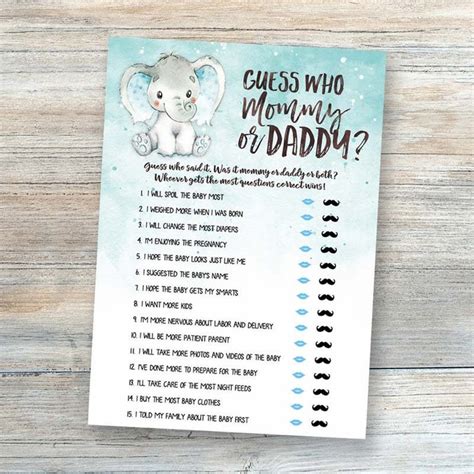 Mommy Or Daddy Quiz Blue Elephant Baby Shower Games Printable Etsy