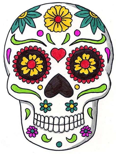Day Of The Dead Skull Drawing For Kids And Coloring Page