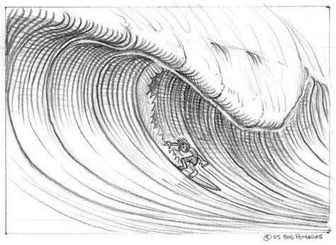 A Pencil Drawing Of A Man Surfing On A Large Wave In The Ocean With His