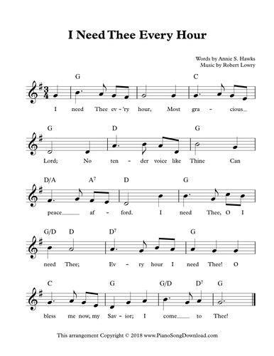 I Need Thee Every Hour Free Hymn Lead Sheet With Melody Chords And