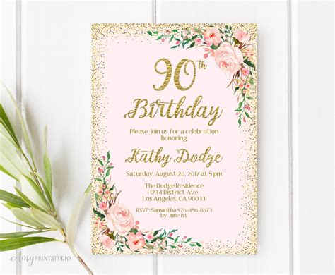 90th Birthday Invitation Floral Birthday Invitation Any Age Etsy