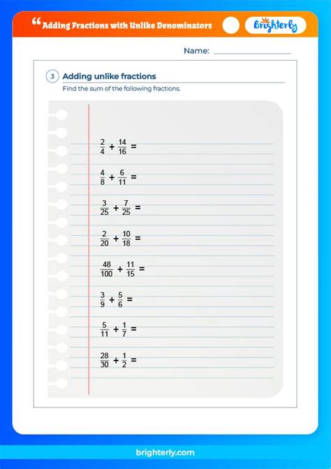 Adding Fractions With Unlike Denominators Worksheets Pdfs Brighterly