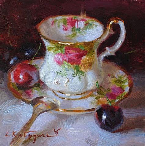 Country Rose Teacup Original Fine Art Tea Art Painting Still Life