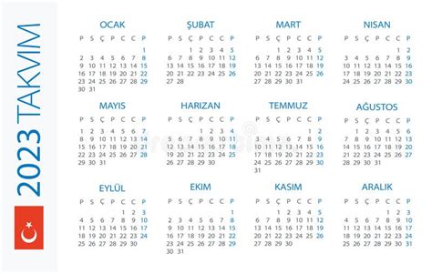 Calendar 2023 Year Horizontal Vector Template Illustration Turkish