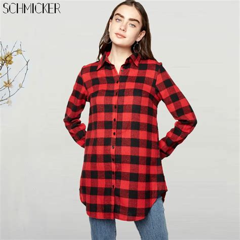 Schmicker Female Spring Autumn Long Sleeve Cotton Checkered Plaid Shirt