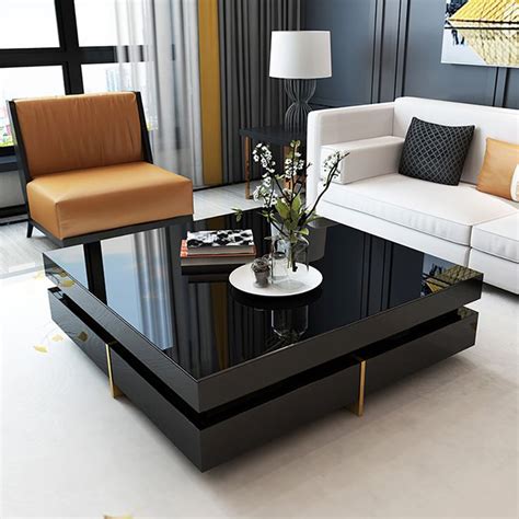 Black Modern Square Coffee Table With Drawers Tempered Glass Top
