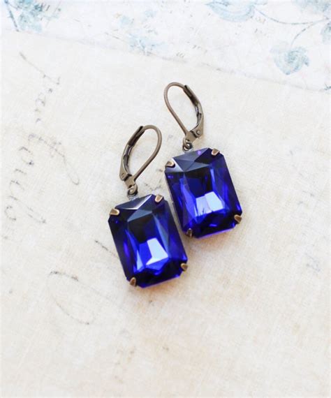 Sapphire Blue Earrings Rhinestone Drop Earrings Dark Blue