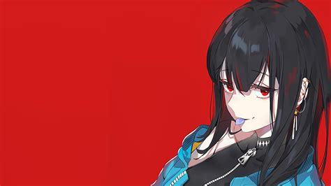 Long Hair Black Hair Anime Girls Red Eyes Zipper Anime Hd Wallpaper
