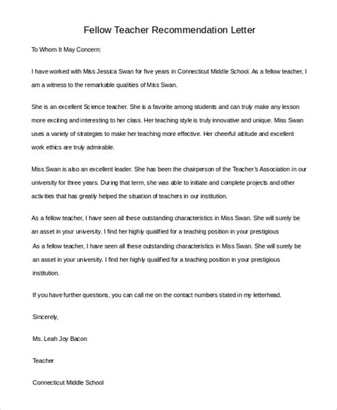 Free 7 Sample Teacher Letter Of Recommendation In Pdf Ms Word