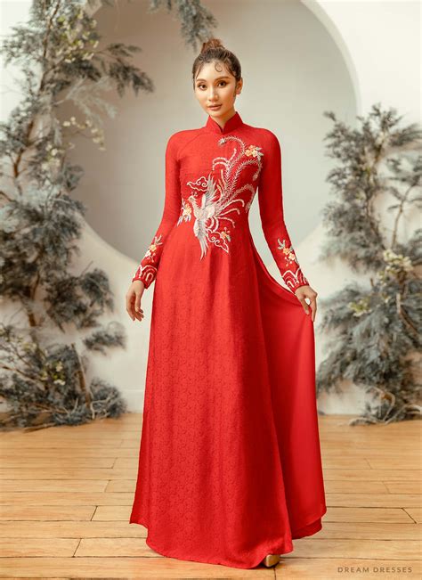 Red Bridal Ao Dai Vietnamese Traditional Bridal Dress With Phoenix E