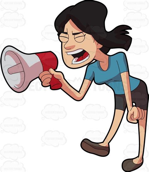 A Woman Shouting Angrily Using A Megaphone Blue Shirt Grey Pants